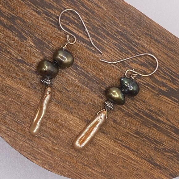 Natural Pearl Biwa Stick & Chocolate Necklace & Earring Set Boho Artsy Lagenlook - Picture 4 of 5